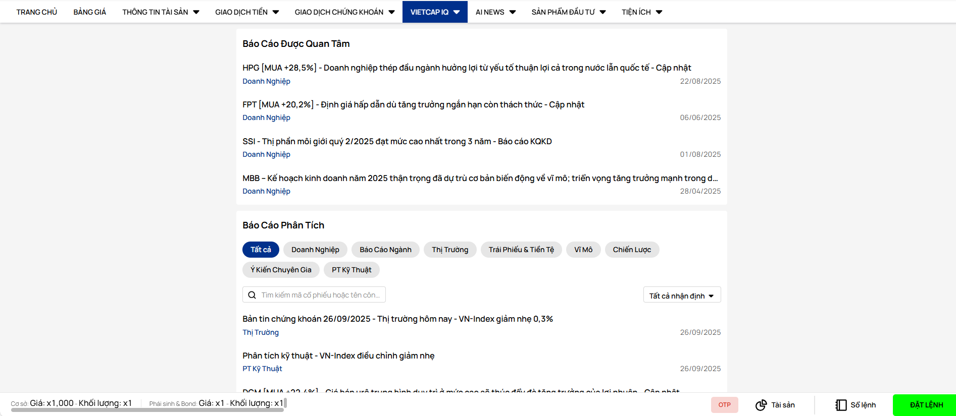 Các báo cáo phân tích được cập nhật liên tục, tạo điều kiện cho nhà đầu tư nắm bắt những diễn biến mới trên thị trường nhanh chóng. Nguồn: Vietcap.