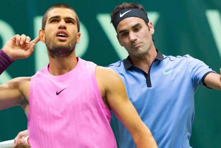 Federer (áo xanh) chỉ ra cách có thể đánh bại Alcaraz (áo hồng)&nbsp;