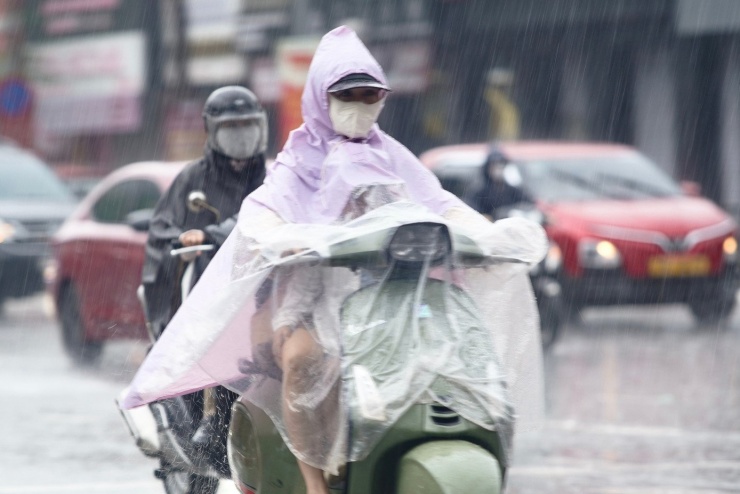 Trẻ em được phụ huynh trùm kín bằng áo mưa khi di chuyển trên đường.