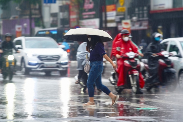 Người đi bộ vội vã sang đường dưới cơn mưa lớn.