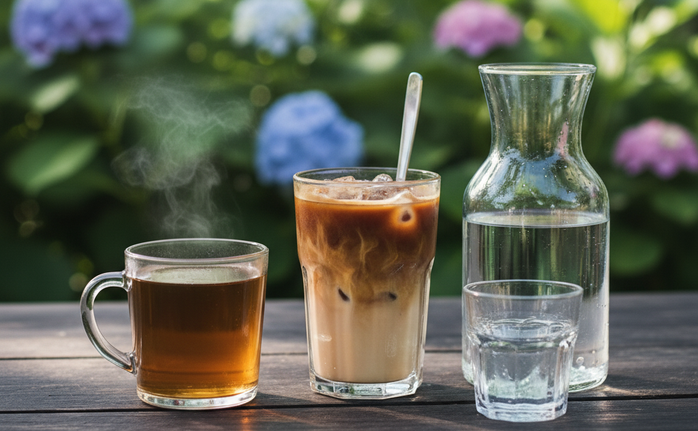 Kết hợp trà, cà phê và nước lọc với tổng lượng đủ và tỉ lệ cân bằng sẽ đem lại lợi ích lên tuổi thọ, thông qua việc giảm nguy cơ tử vong sớm do nhiều bệnh - Minh họa AI: Thu Anh