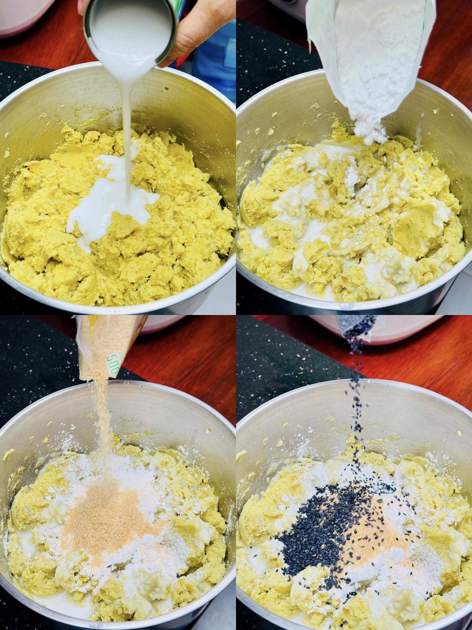 Thêm nước cốt dừa, bột năng, đường và vừng đen vào rồi trộn đều.