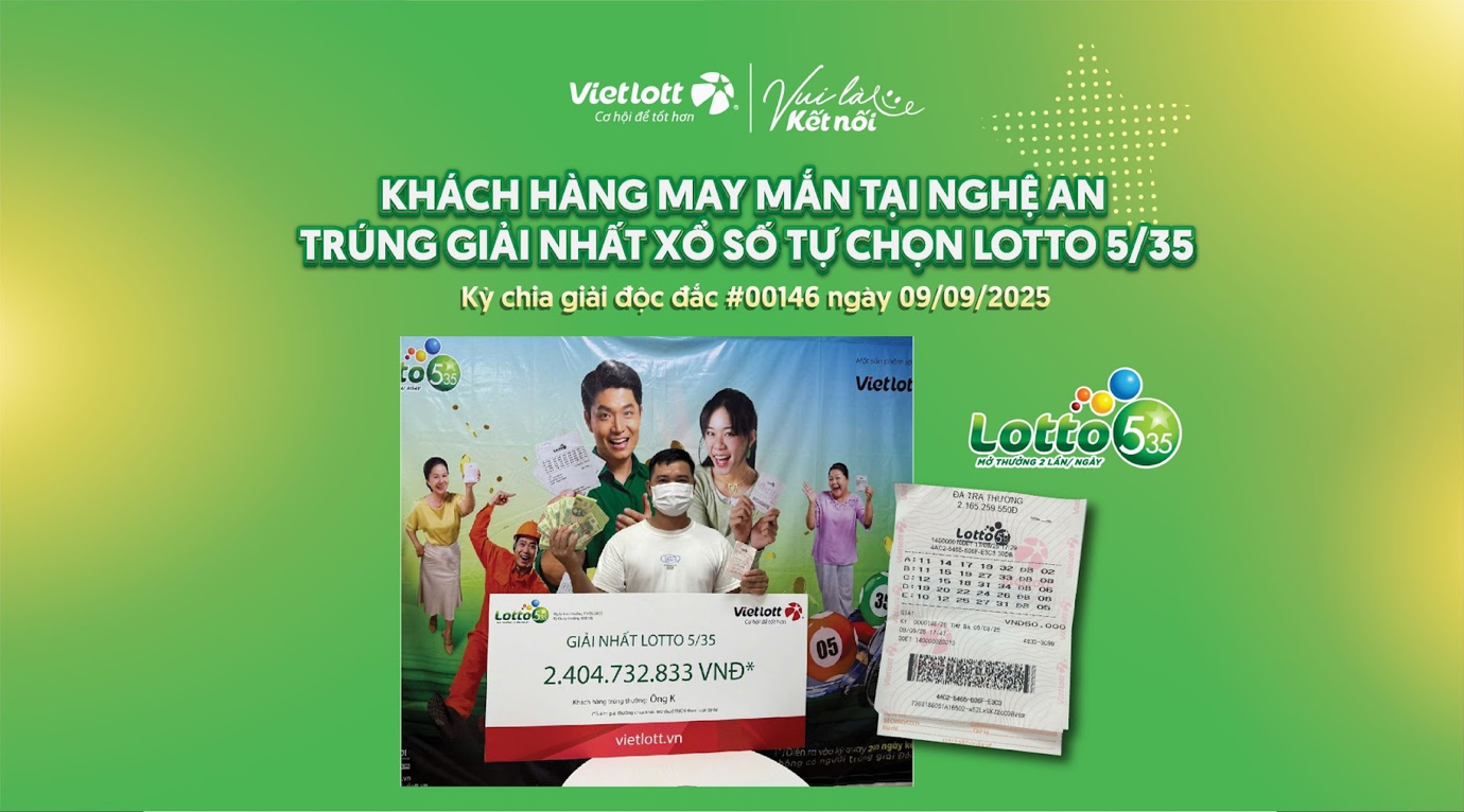 Khách hàng may mắn nhận thưởng hơn 2,4 tỷ đồng khi mua vé số Lotto 5/35.