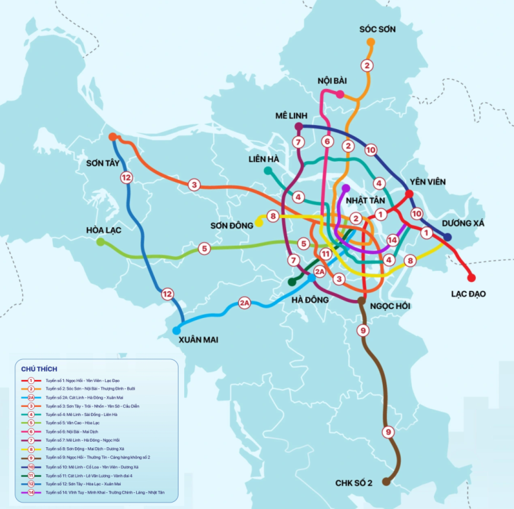 Mạng lưới đường sắt đô thị Hà Nội. Nguồn: Metro Hà Nội.