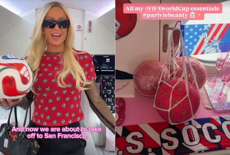 Paris Hilton giới thiệu khoang máy bay trên đường tới San Francisco xem World Cup.