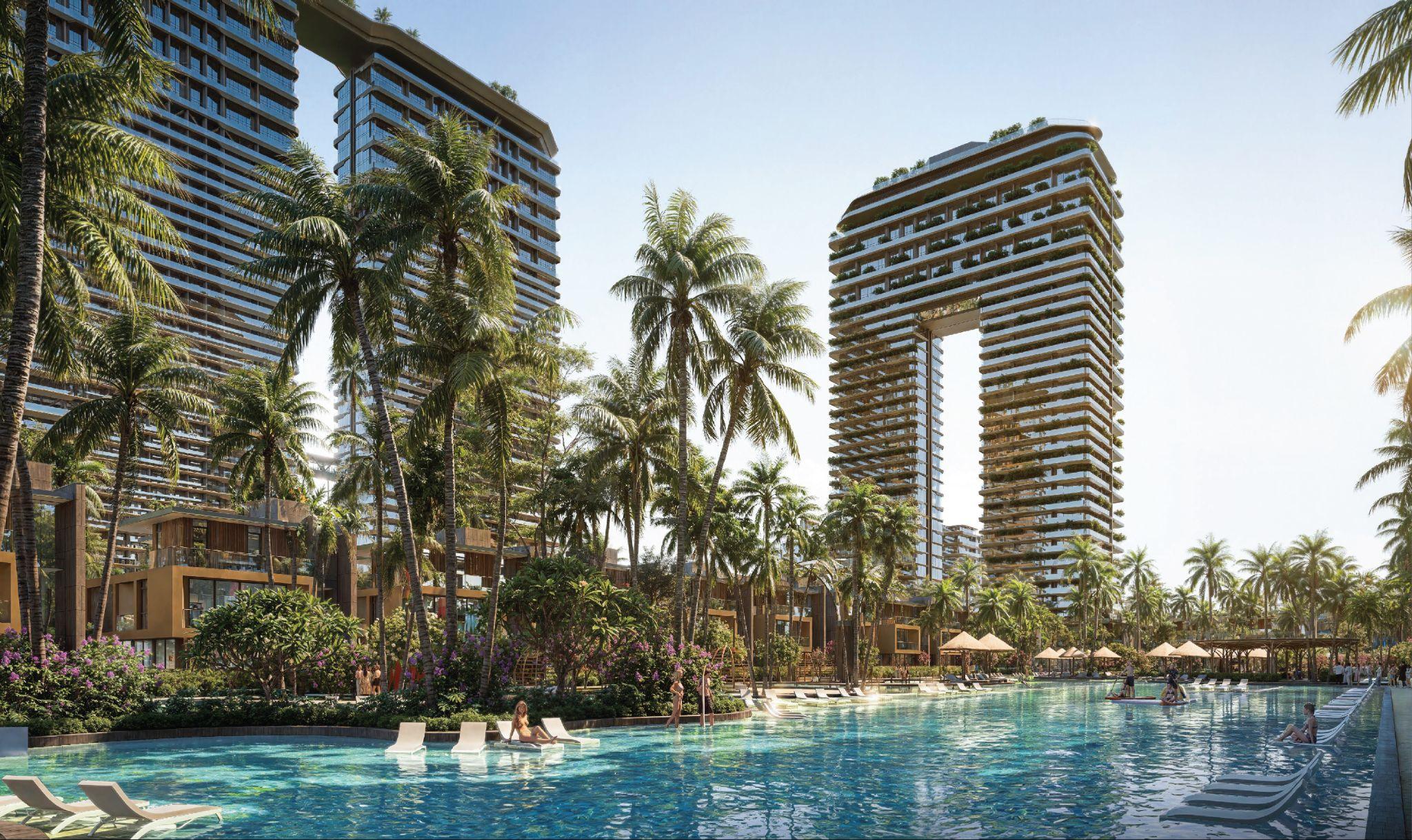 Với mật độ xây dựng chỉ 25%, phần lớn không gian tại Sunshine Bay Retreat dành cho mảng xanh, mặt nước và hệ thống hồ bơi tạo nên một chuẩn sống nghỉ dưỡng năng động hiếm có bên bờ biển Chí Linh.