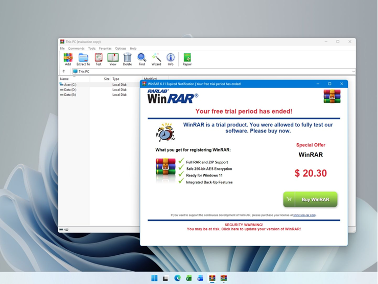 WinRAR thông báo hết hạn dùng thử, nhưng vẫn cho sử dụng tiếp tục.