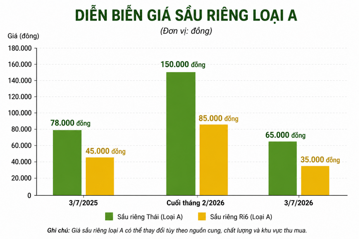 Giá sầu riêng hiện tại giảm sâu so với thời điểm hồi cuối tháng 2.