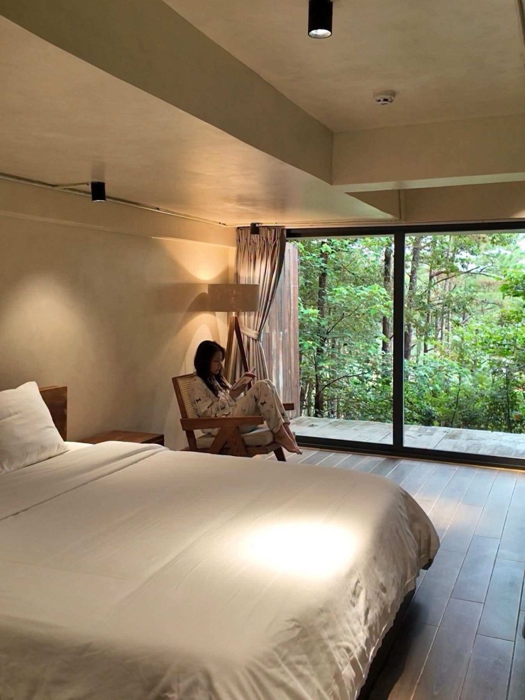 Phòng ngủ tại Măng Đen cũng cực kỳ chill, khi cửa phòng nhìn ra rừng thông. (Ảnh: FBNV)