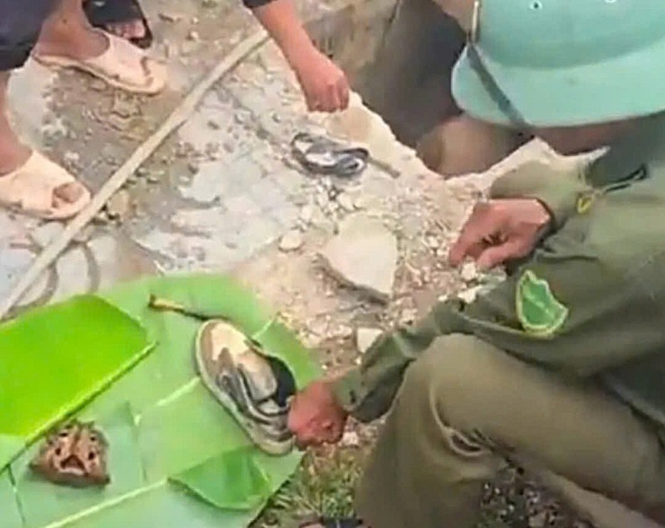 Lực lượng chức năng phát hiện xương và giày của nạn nhân gần vị trí phát hiện hộp sọ.&nbsp;(Ảnh: Q.D).