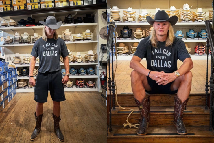 Haaland diện mũ, bốt cao bồi và áo phông in dòng chữ "Y’all can kiss my Dallas" khi ghé cửa hàng quần áo tại Dallas, bang Texas. Ảnh: Instagram/@erling.haaland