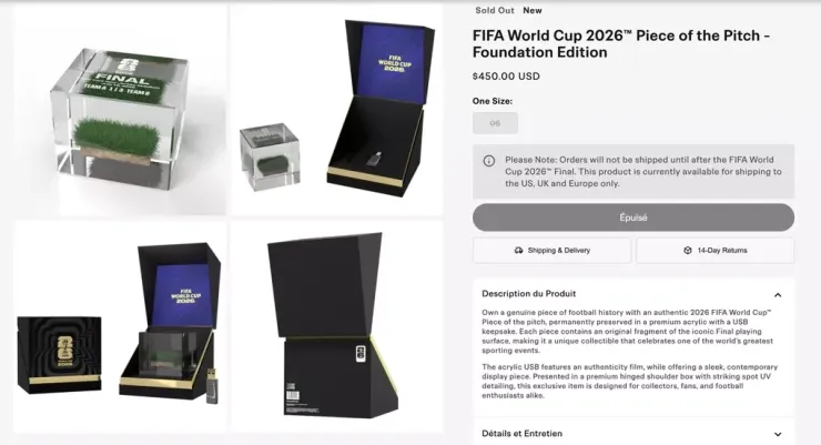 Mảnh cỏ sân MetLife - nơi tổ chức trận chung kết World Cup 2026 đã hết hàng trên cửa hàng trực tuyến của FIFA. Ảnh chụp màn hình