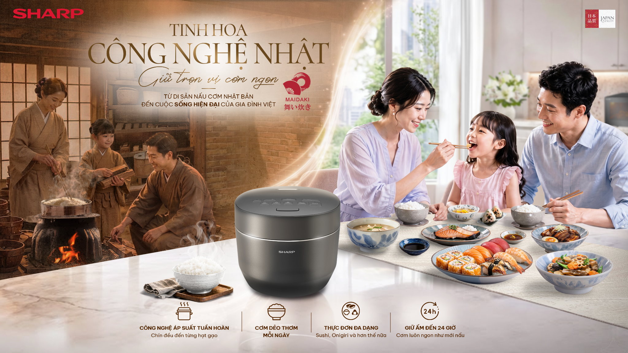 Nồi cơm điện Maidaki Sharp mới: Tinh hoa công nghệ Nhật, giữ trọn vị cơm ngon