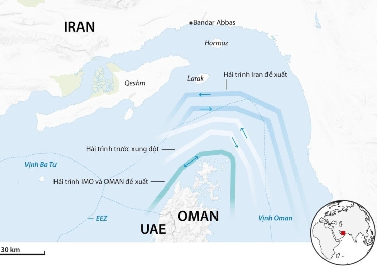 Các hải trình đi qua eo biển Hormuz. Đồ họa: Guardian