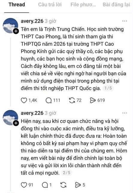 Em C. (chủ tài khoản Threads) đăng bài xin lỗi công khai tới cộng đồng mạng, thầy cô cũng như bạn học. Ảnh chụp màn hình
