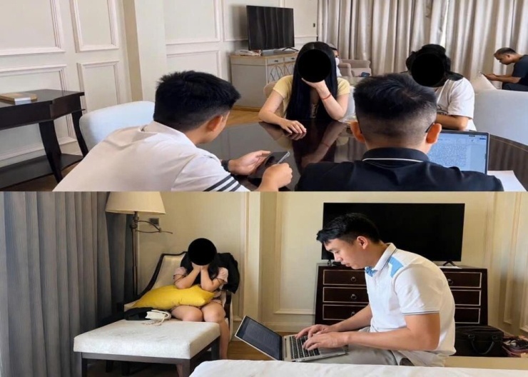 Công an lấy lời khai các cô gái trong đường dây. Ảnh: CACC