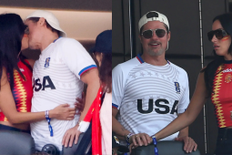 Brad Pitt hôn bạn gái trên khán đài World Cup
