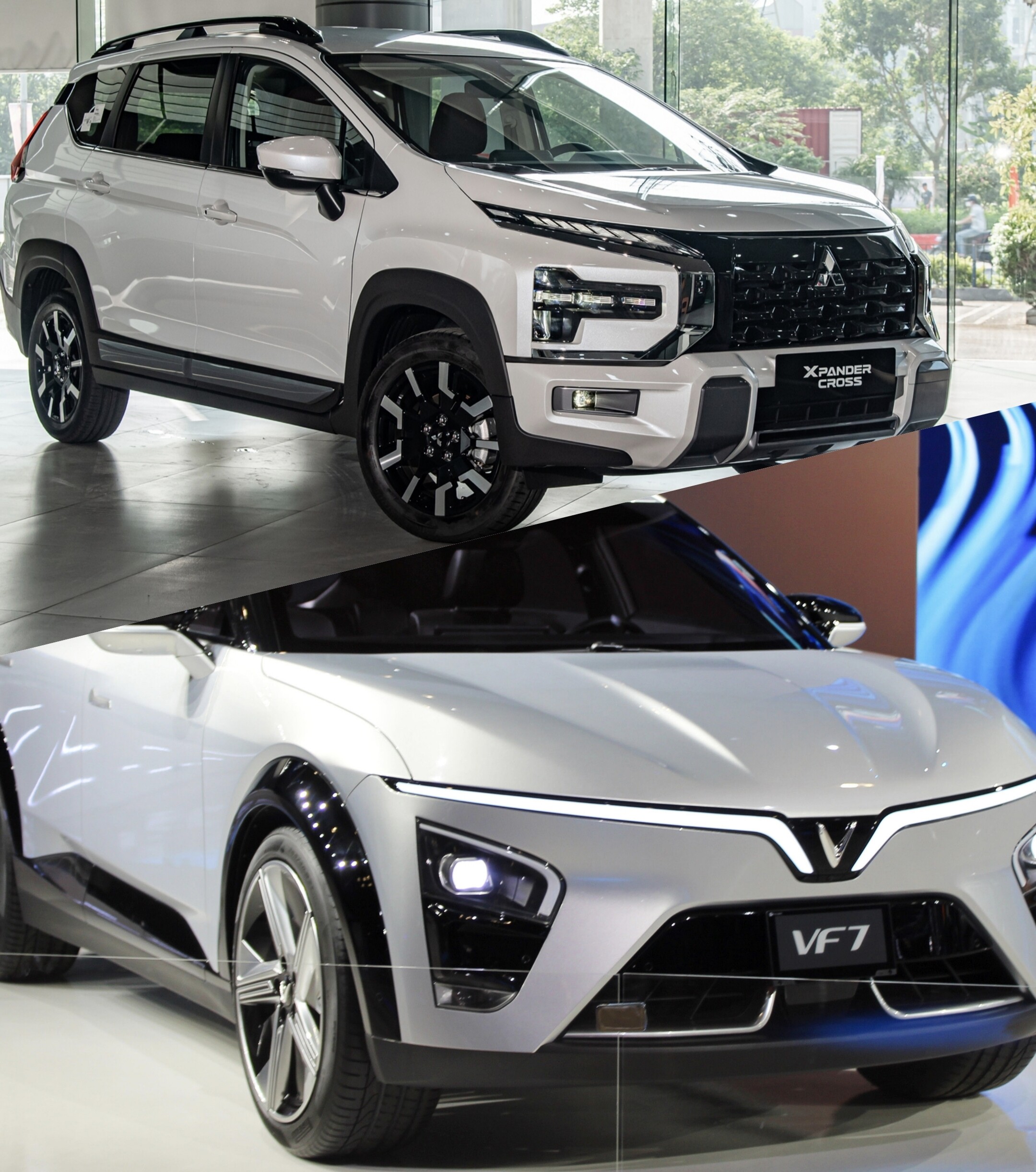 Xpander Cross 2026 (ảnh trên) và Vinfast VF7 Eco (ảnh dưới).