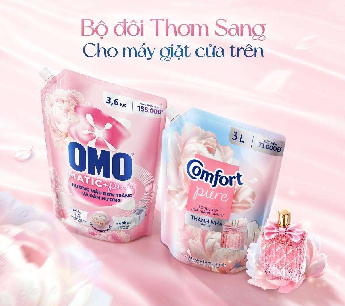 Nước giặt OMO Matic Pure với Hương Mẫu Đơn Trắng và Đàn Hương dành cho máy giặt cửa trên, Hương Hoa Linh Lan và Vani Trắng dành cho máy giặt cửa trước được đánh giá cao về khả năng giặt sạch vượt trội (*) và hương thơm sang thanh nhã dễ chịu.