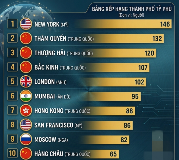 10 thành phố nhiều tỷ phú nhất thế giới. (Nguồn: Visual Capitalist)