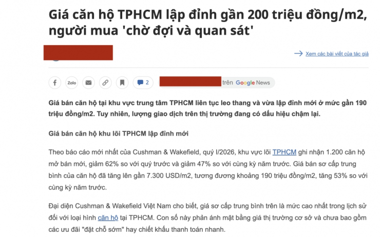 Công ty Cushman & Wakefield tung lên truyền thông thông tin giá căn hộ ở TP HCM lập đỉnh