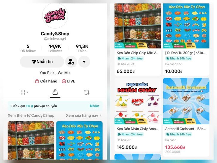 Tài khoản TikTok Candy&amp;Shop (@minhvu.ng4) có 14,9 nghìn lượt theo dõi và 91,3 nghìn lượt thích (ảnh chụp màn hình).