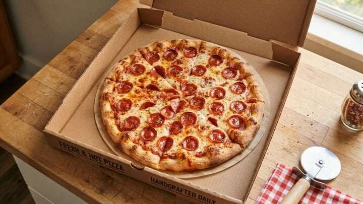 Bánh pizza được đặt trong hộp vuông. Ảnh: HTC