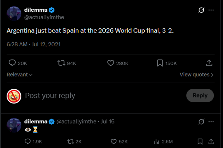 Bài đăng từ năm 2021 dự đoán chính xác hai đội bóng vào chung kết World Cup 2026.
