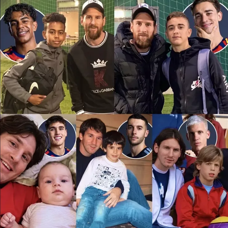 Yamal, Gavi, Pau Cubarsi, Joan Garcia và Dani Olmo (từ trên xuống dưới) từng chụp ảnh chung với Messi khi còn nhỏ Ảnh: 433