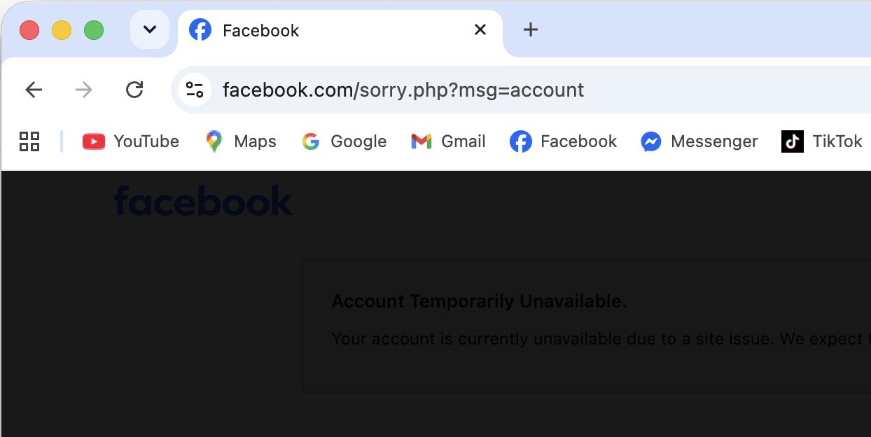 Trang chủ Facebook tự chuyển hướng về đường link thông báo lỗi.
