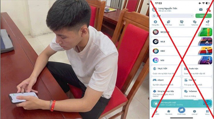 Đối tượng Nguyễn Tiến Long cùng giao diện ứng dụng đánh bạc trực tuyến Ảnh: Cơ quan Công an.