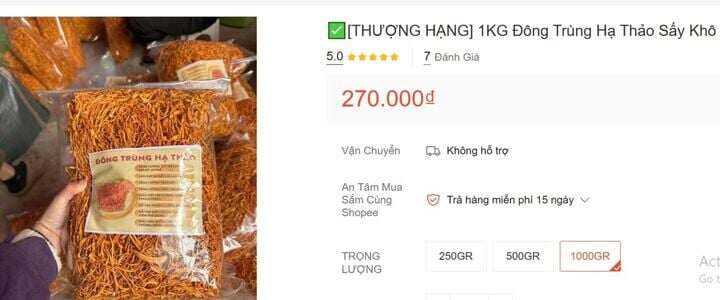 “Đông trùng hạ thảo” chỉ gần 300.000 đồng/kg được rao bán công khai (Ảnh chụp màn hình)