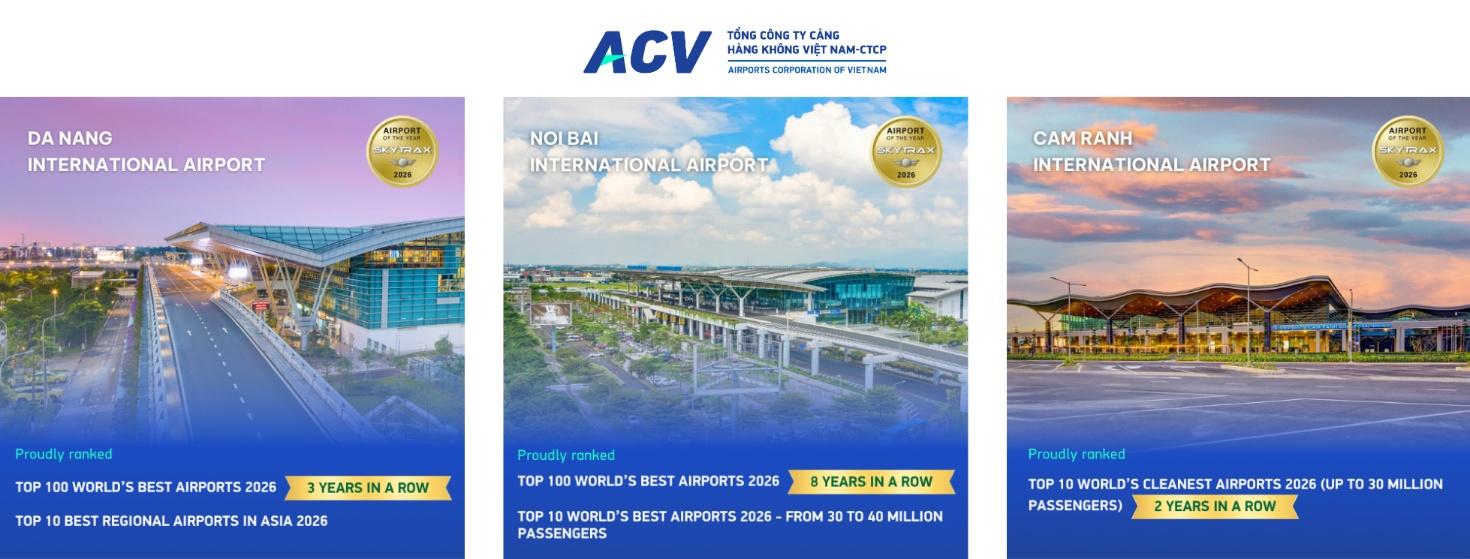 Các cảng hàng không trực thuộc ACV đạt những thành tích nổi bật trong bảng xếp hạng Skytrax 2026