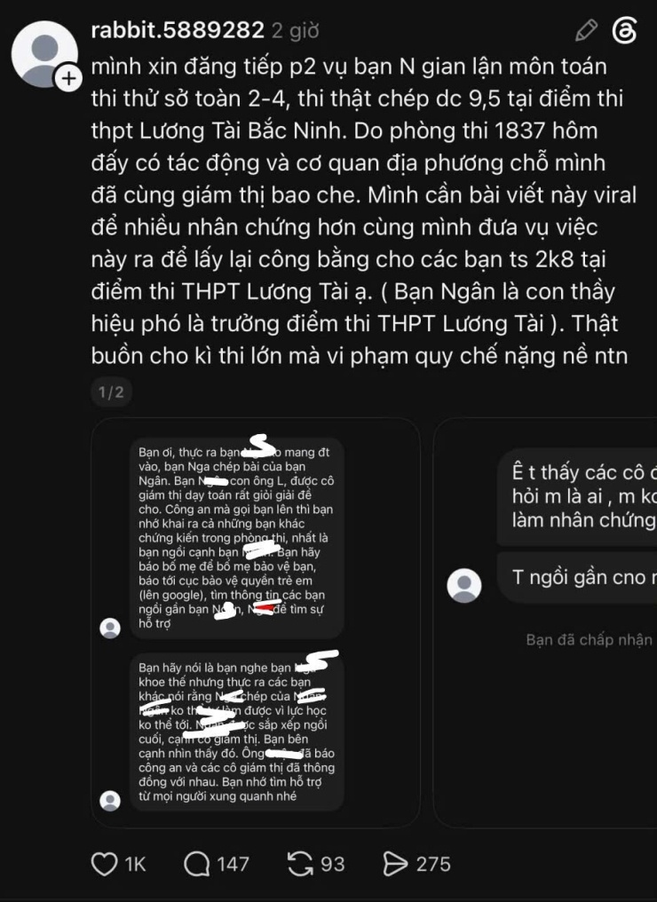 Bài đăng trên mạng xã hội phản ánh nghi vấn liên quan đến kết quả thi môn Toán của một thí sinh tại Trường THPT Lương Tài.