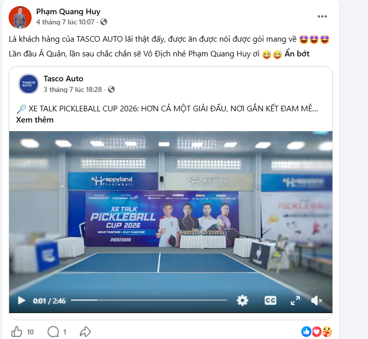 Bài đăng “vui vui” của anh Huy trên trang cá nhân khi trong hành trình trải nghiệm là khách hàng của Geely và Tasco Auto.