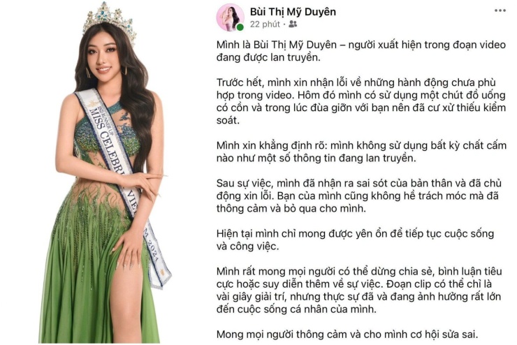 Á hậu Mỹ Duyên viết lời xin lỗi trên trang cá nhân. Ảnh: FBNV