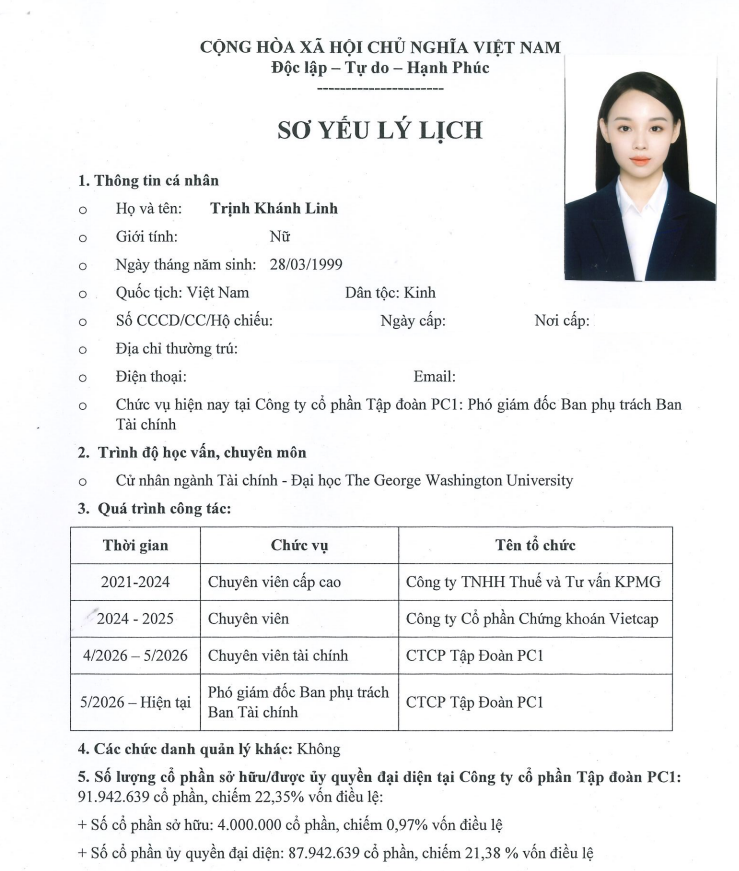 Bà Trịnh Khánh Linh là chuyên viên tại PC1 từ tháng 4/2026. Ảnh chụp màn hình PC1