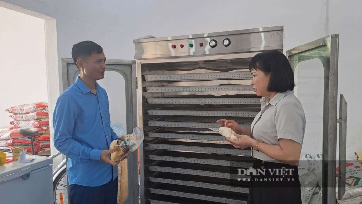 Lãnh đạo Hội Nông dân xã Phú Lương thăm mô hình trồng và chế biến các sản phẩm măng lục trúc của gia đình ông Dương tại xóm Động Đạt. Ảnh: Hà Thanh