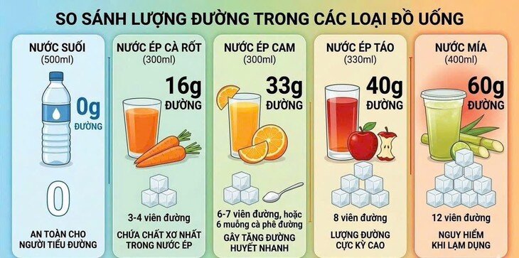 So sánh lượng đường trong các loại đồ uống. Ảnh: BVCC.