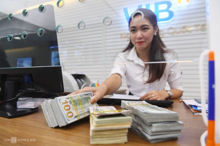 Nhân viên ngân hàng VIB kiểm đếm ngoại tệ. Ảnh: Giang Huy