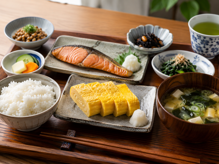 Một bữa sáng truyền thống của Nhật thường bao gồm cơm, súp miso, cá, rau, đậu nành lên men (natto) và một món từ trứng. Ảnh AI.