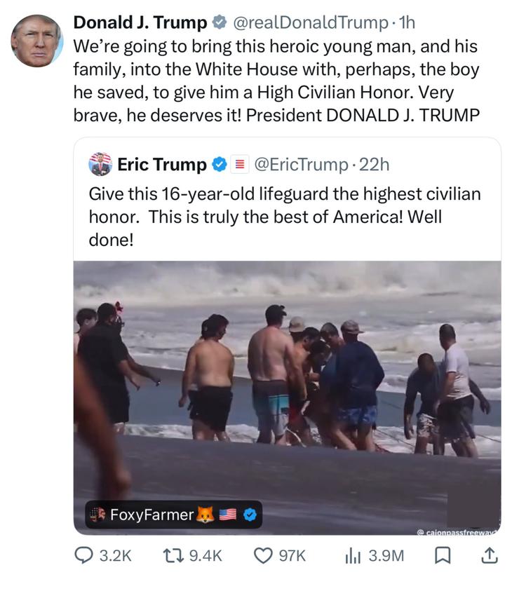 Đích thân Tổng thống Mỹ Donald Trump và con trai Eric Trump đã ca ngại hành động dũng cảm của Ryder Williams và ngỏ ý mời gia đình cậu đến Nhà Trắng. Ảnh chụp màn hình từ X