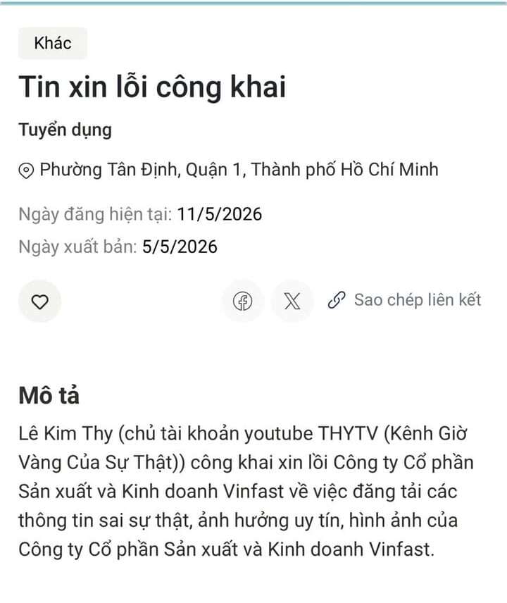 Ảnh chụp nội dung xin lỗi của Lê Kim Thy trên báo và kênh cá nhân.