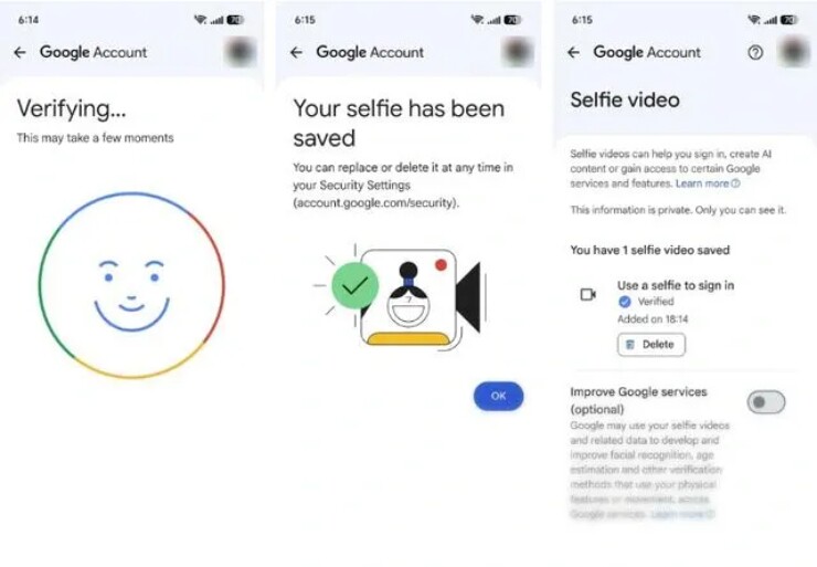 Sau khi hoàn tất, Google sẽ xác minh ảnh selfie, quá trình này có thể mất vài phút. Sau đó, người dùng sẽ thấy thông báo xác nhận có nội dung "Your selfie has been saved", cùng với một ghi chú rằng người dùng có thể thay thế hoặc xóa ảnh bất cứ lúc nào trong cài đặt bảo mật của mình. Nhấn OK để hoàn tất.