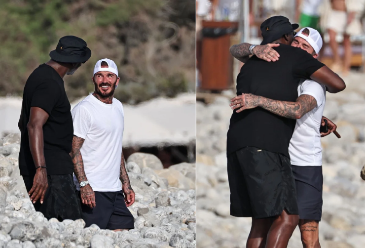 Beckham (áo trắng) bỗng trở nên nhỏ bé khi đứng cạnh thần tượng Jordan (áo đen)