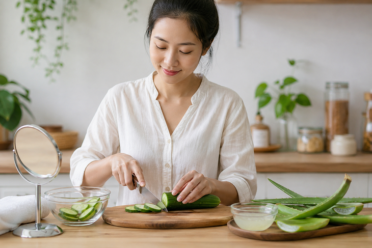 Dưa chuột chứa nhiều nước, một số chất chống oxy hóa giúp mang lại cảm giác tươi mát khi sử dụng làm mặt nạ dưỡng da. Ảnh minh họa AI.