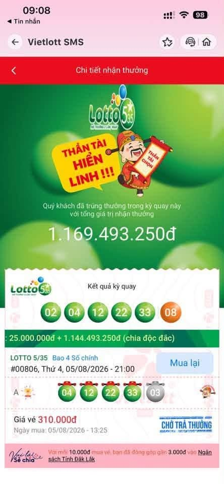 Một người chơi trên ứng dụng hỗ trợ Vielott SMS đã may mắn được chia giải