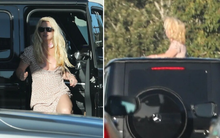 Britney Spears thò đầu qua cửa sổ trời trong chuyến đi dạo hồi tháng 7. Ảnh: X17