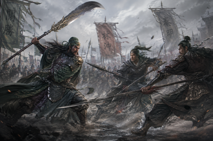 Cuộc giao đấu giữa Quan Thắng với Lâm Xung và Tần Minh là một trong những màn đấu võ kinh điển của Thủy Hử. Ảnh minh họa