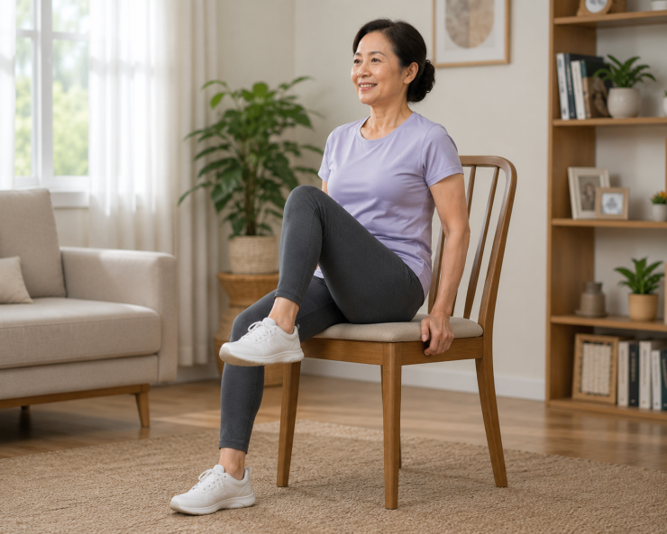 Bài tập nâng đầu gối khi ngồi hỗ trợ ngăn ngừa bụng chảy xệ ở tuổi 55. Ảnh: AI.